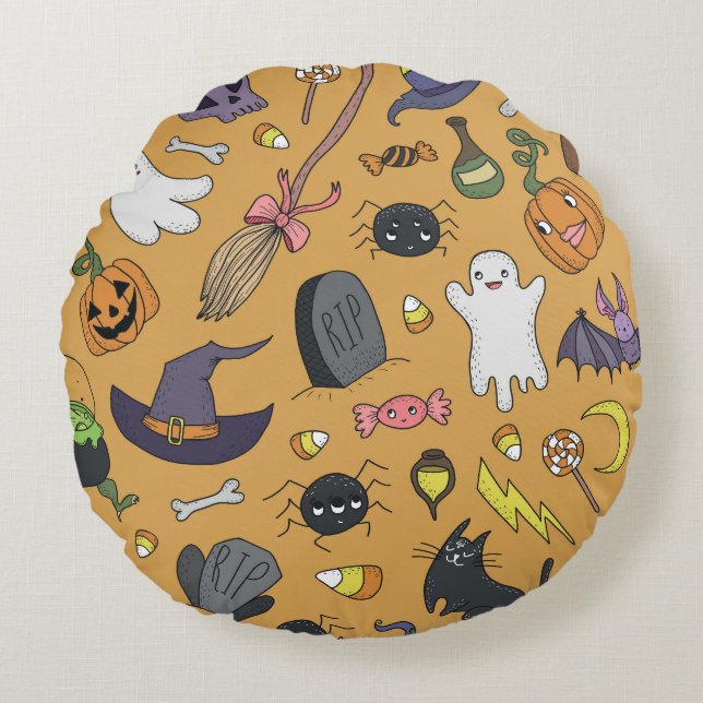 Halloween doedel objecten naadloos patroon rond kussen (Voorkant)