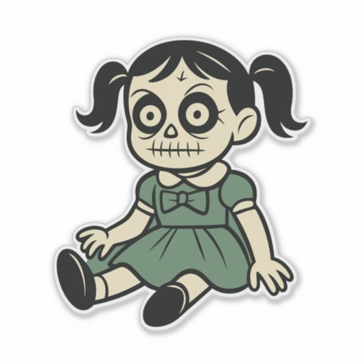 Halloween Doll Girl Sticker – Cute Spooky Design (Voorkant)