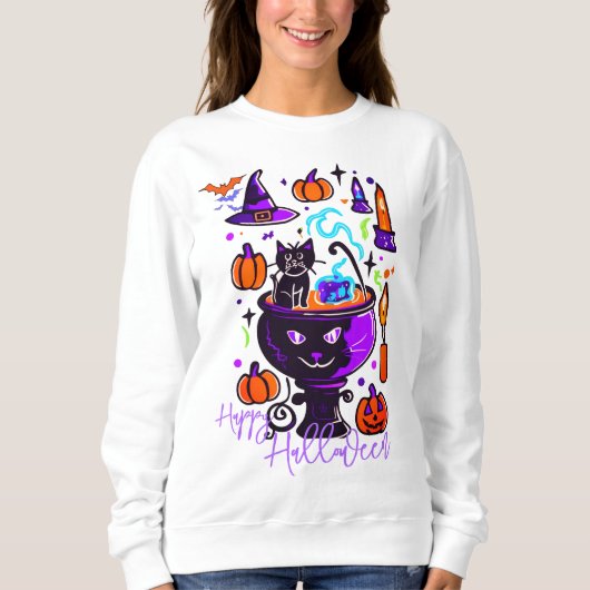 Halloween Doodle Grafische Kat Heks Pompoen Hoodie Trui (Voorkant)