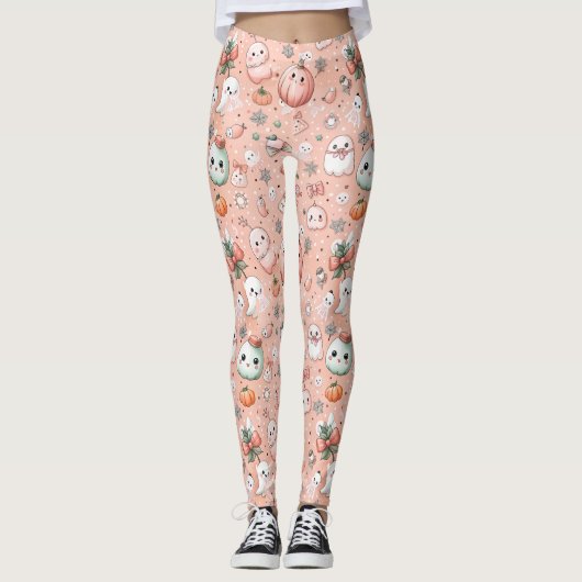 Halloween Doodle Patroon met geesten en pompoenen Leggings (Voorkant)