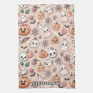 Halloween Doodle Patroon met geesten en pompoenen Theedoek