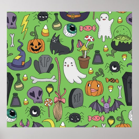 Halloween Doodle: Schattige naadloos concept Poster (Voorkant)
