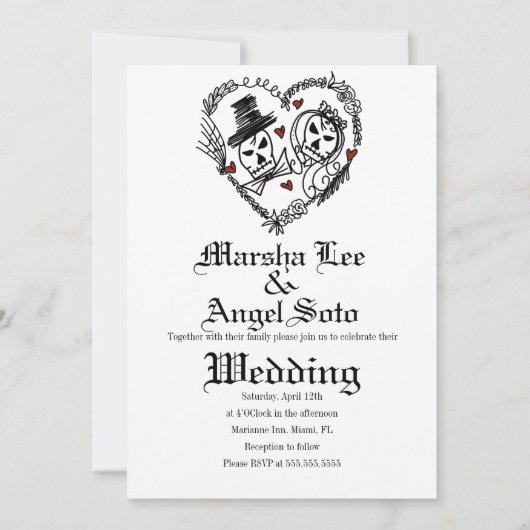 Halloween Doodle Skeleton Couple Wedding Kaart (Voorkant)