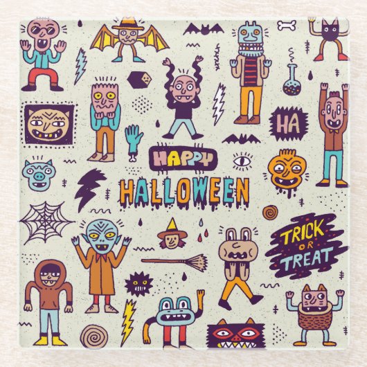 Halloween doodles, maffe cartoon naadloze set. glazen onderzetter (Voorkant)