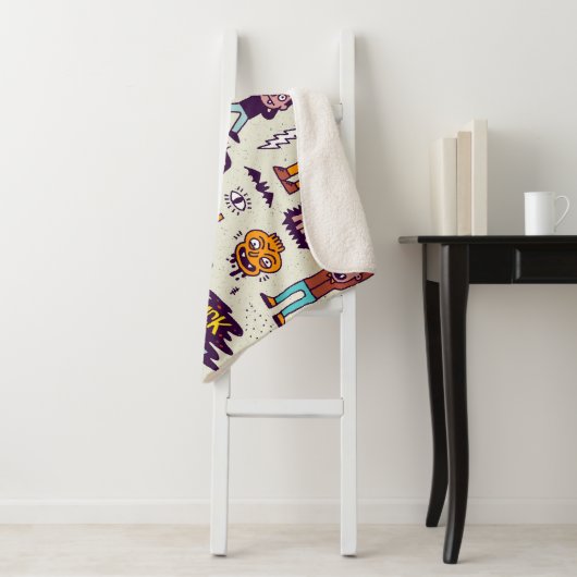 Halloween doodles, maffe cartoon naadloze set. sherpa deken (In situ)