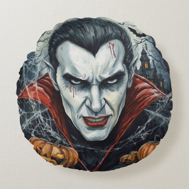 Halloween, Dorstige Vampier, Pompoenveld Rond Kussen (Voorkant)