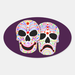 Halloween DOTD Comedy-Tragedy Skulls Ovale Sticker