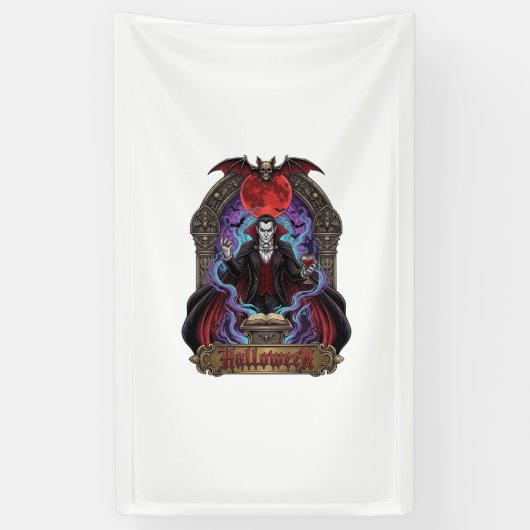 Halloween Dracula Rode Maan Vleermuizen Schedel_1 Spandoek (Verticaal)