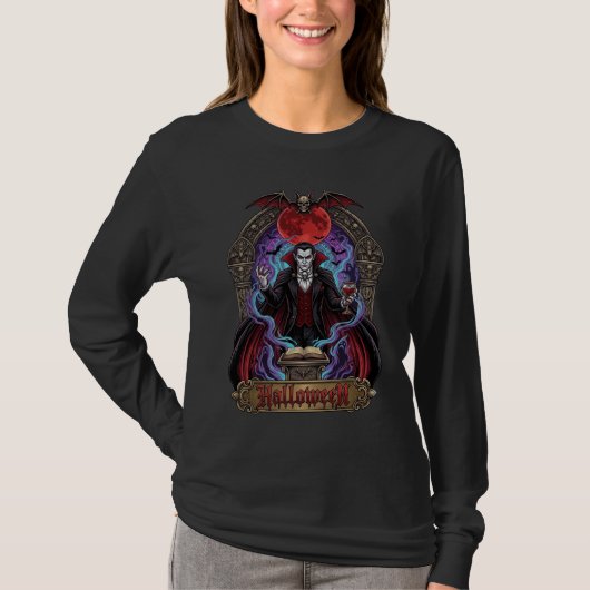 Halloween Dracula Rode Maan Vleermuizen Schedel_1 T-shirt (Voorkant)