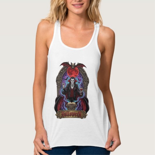 Halloween Dracula Rode Maan Vleermuizen Schedel_1 Tanktop (Voorkant)