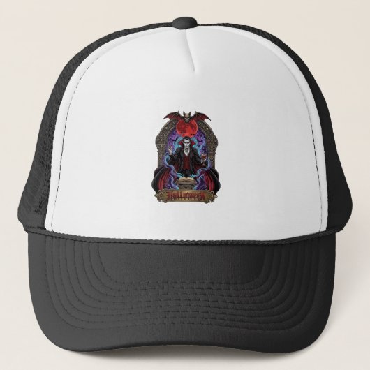 Halloween Dracula Rode Maan Vleermuizen Schedel_1 Trucker Pet (Voorkant)