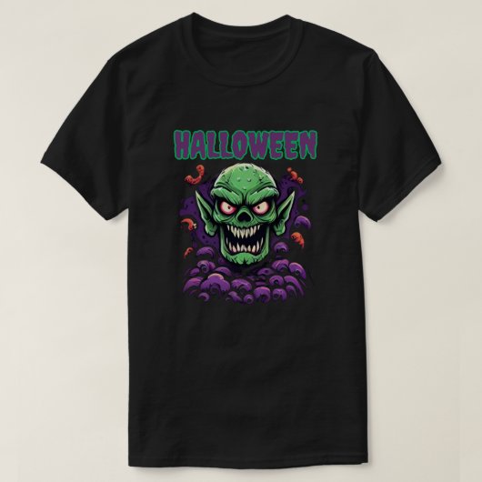 Halloween dreigende groene Goblinoid Monster Head T-shirt (Design voorkant)
