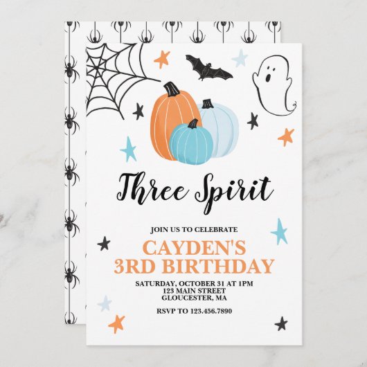 Halloween Drie Geest 3e Verjaardag Blauwe Pompoene Kaart (Voorkant / Achterkant)