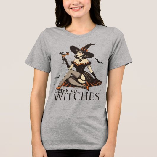 Halloween Drink Up Witches Retro Tri-Blend Shirt (Voorkant)