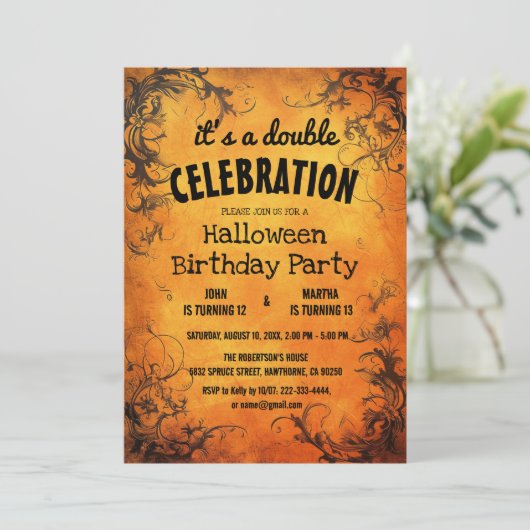 Halloween dubbel verjaardagsfeest kaart (Staand voorkant)