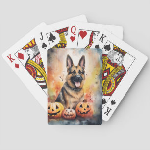 Halloween Duitse Herder Met Pompoenen Griezelen Pokerkaarten