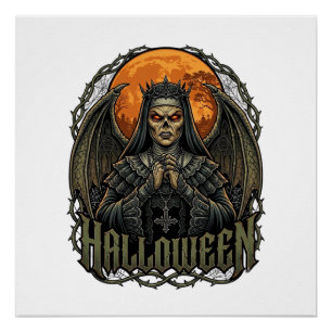 Halloween Duivel Nonnenkroon Vleugels Oranje Maan_ Perfect Poster