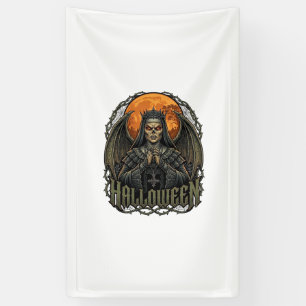 Halloween Duivel Nonnenkroon Vleugels Oranje Maan_ Spandoek