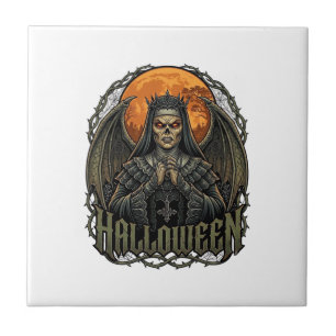 Halloween Duivel Nonnenkroon Vleugels Oranje Maan_ Tegeltje