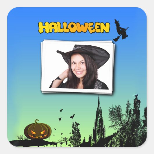 Halloween Dusk met heks Add Photo Lijst Vierkante Sticker (Voorkant)