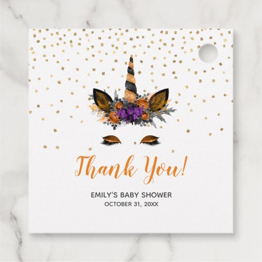 Halloween Eenhoorn Oranje Baby shower Dank u Bedankjes Labels (Achterkant)