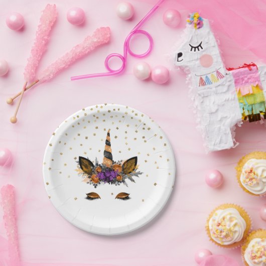 Halloween Eenhoorn Party Sinaasappel Zwart Confett Papieren Bordje (Feest)