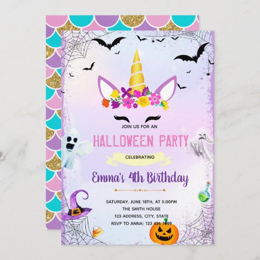 Halloween eenhoorn party uitnodiging (Voorkant / Achterkant)