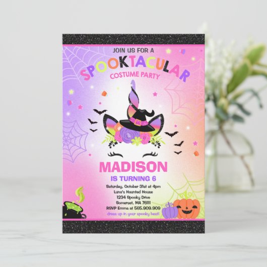 Halloween Eenhoorn Verjaardag Uitnodigen Halloween Kaart (Staand voorkant)