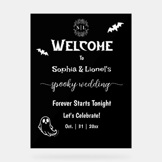 Halloween Eenvoudige Zwart-Wit Huwelijksbegroeting Acryl Bord (Voorkant)