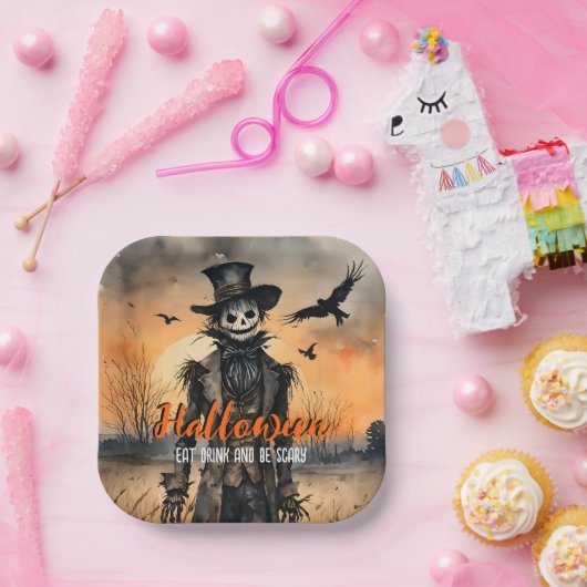 Halloween eet Drink en wees eng vogelverschrikker Papieren Bordje (Feest)