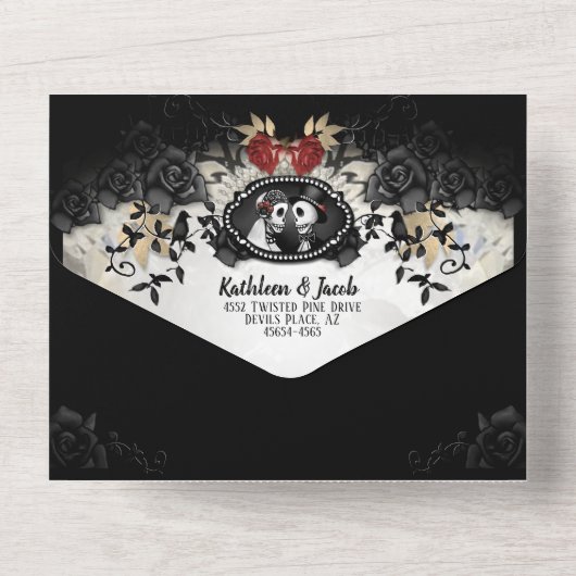 Halloween Elegant Black Roos - samen met MENU All In One Uitnodiging (Achterkant)