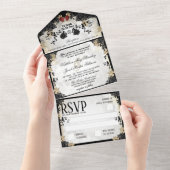 Halloween Elegant Black Roos Wedding Skeletons All In One Uitnodiging (Afscheurbaar)