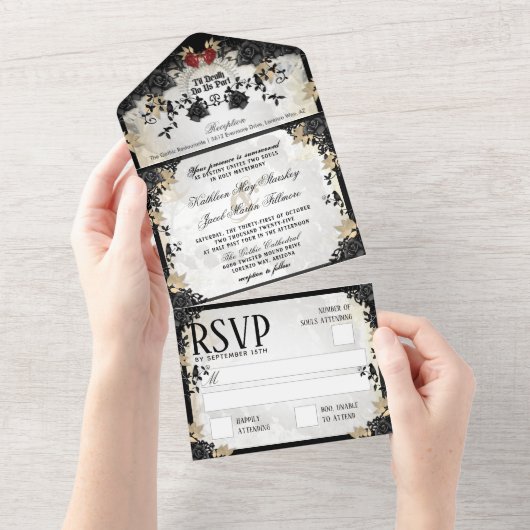 Halloween Elegant Black Roos Wedding Skeletons All In One Uitnodiging (Afscheurbaar)