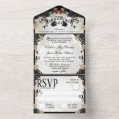 Halloween Elegant Black Roos Wedding Skeletons All In One Uitnodiging (Binnen)