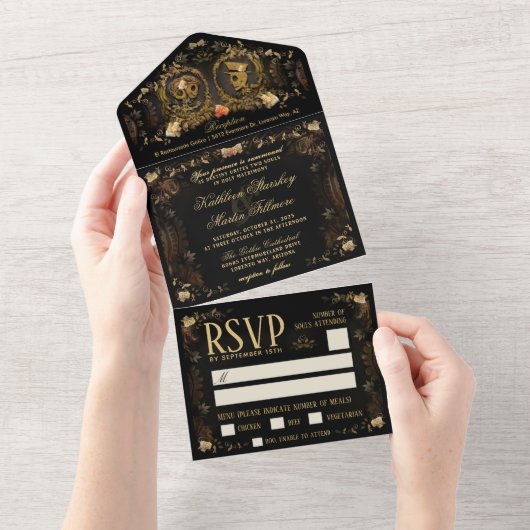 Halloween Elegant Golden Skeletons MENU RSVP All In One Uitnodiging (Afscheurbaar)