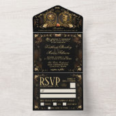 Halloween Elegant Golden Skeletons MENU RSVP All In One Uitnodiging (Binnen)