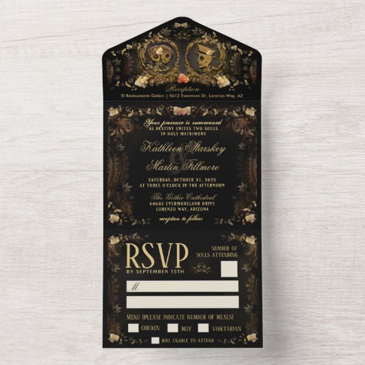 Halloween Elegant Golden Skeletons MENU RSVP All In One Uitnodiging (Binnen)