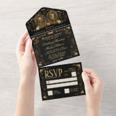Halloween Elegant Golden Skeletons Wedding All In One Uitnodiging (Afscheurbaar)