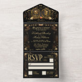 Halloween Elegant Golden Skeletons Wedding All In One Uitnodiging (Binnen)