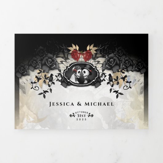 Halloween Elegant Roos "Samen met" NON-MENU Drieluik Uitnodiging (Cover)
