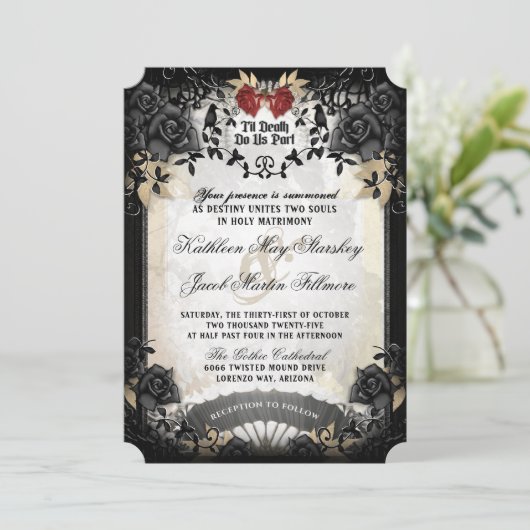 Halloween Elegante Black Roos Wedding Invitation Kaart (Staand voorkant)