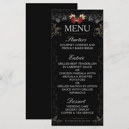 Halloween Elegante Black Roos Wedding Menu (Voorkant / Achterkant)