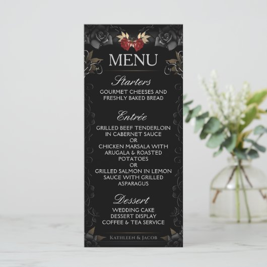 Halloween Elegante Black Roos Wedding Menu (Staand voorkant)