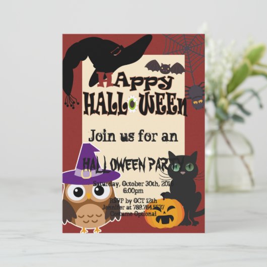 Halloween element kat uil pompoen partij kaart (Staand voorkant)