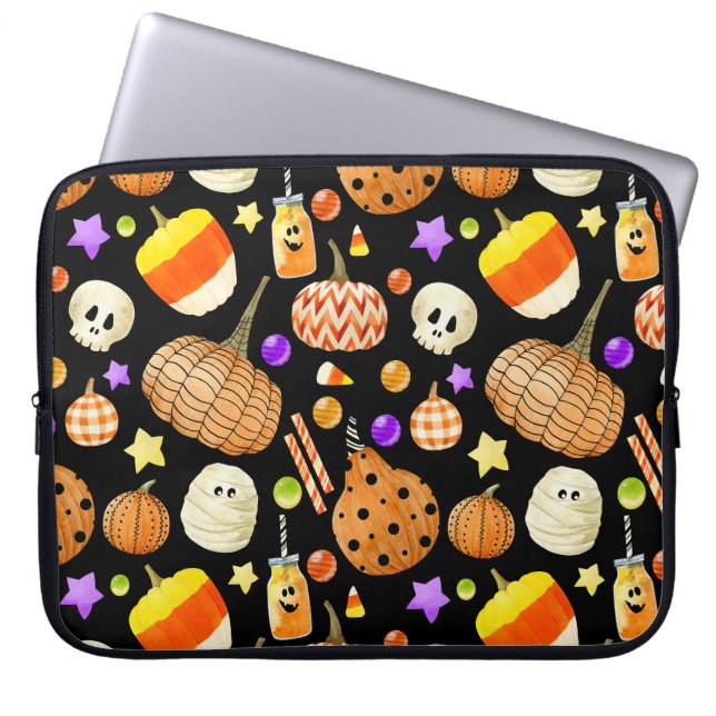 Halloween elementen: pompoenen, schedel, mummie pa laptop sleeve (Voorkant)