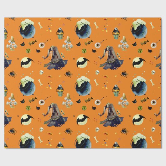 Halloween Elements op Sinaasappel Cadeaupapier (Vlak)