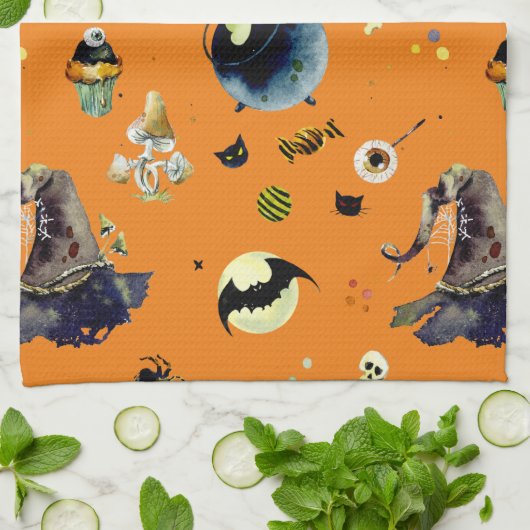 Halloween Elements op Sinaasappel Theedoek (Gevouwen)