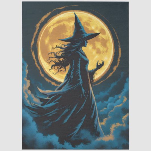 Halloween enge heks bij volle maan tissuepapier (Voorkant)