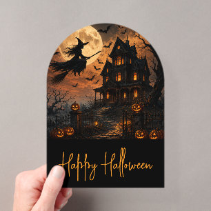 Halloween enge heks die over een spookhuis vliegt acryl uitnodigingen