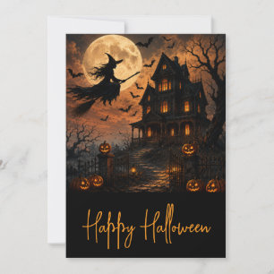 Halloween enge heks die over een spookhuis vliegt kaart